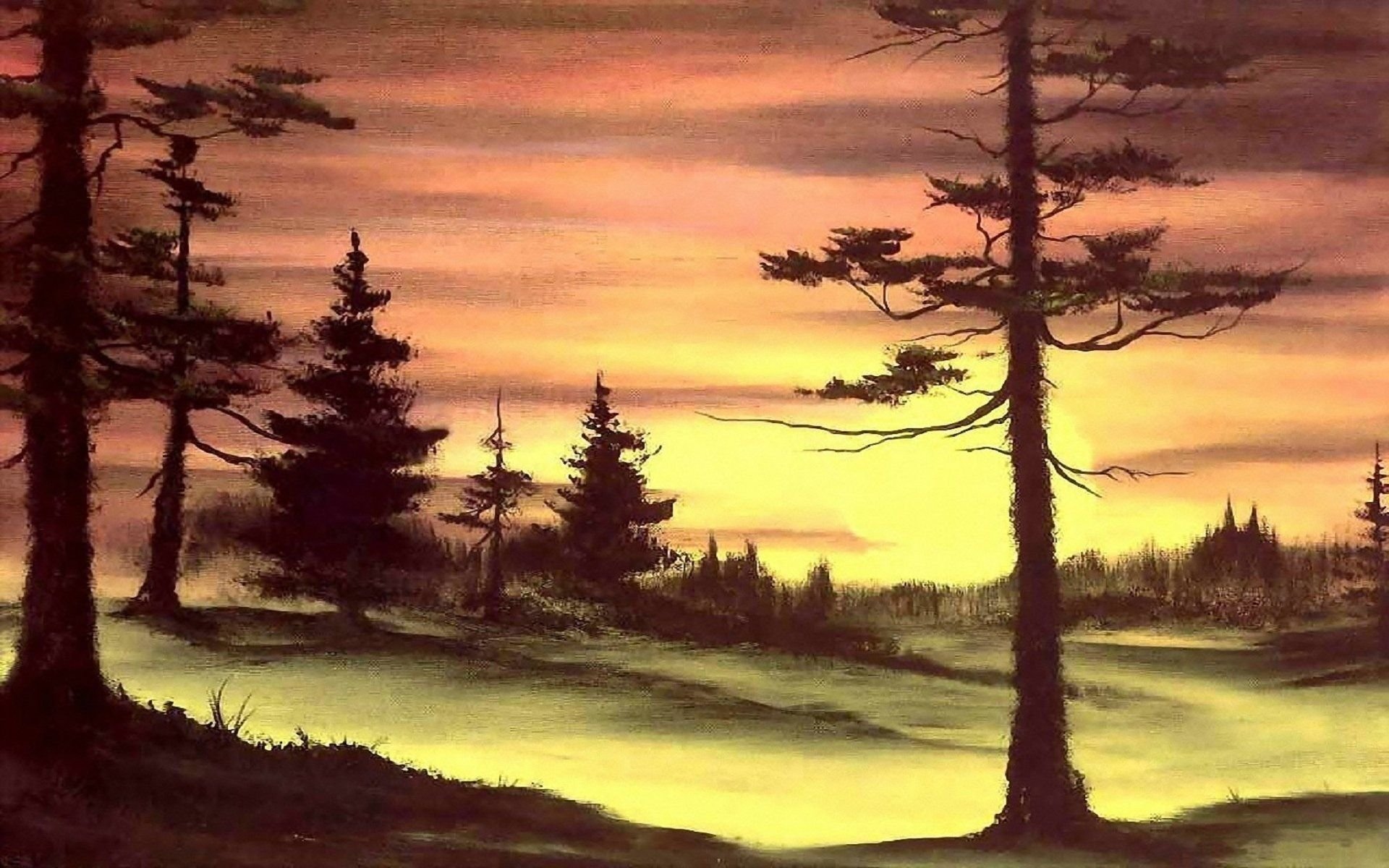 Пейзаж темы. Боб Росс картины лес. Картина Боба Росса закат. Роберт «Боб» Норман Росс. Художник Боба Росса лес.