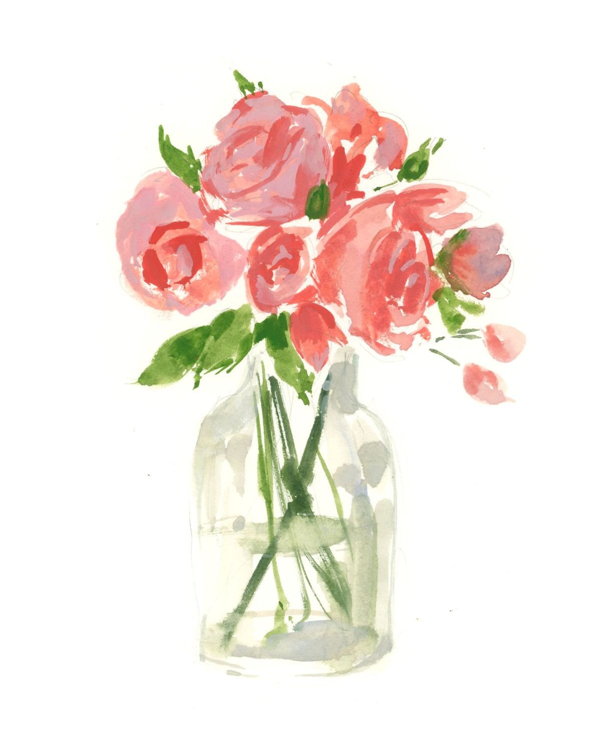 Цветы в стеклянной вазе акварелью