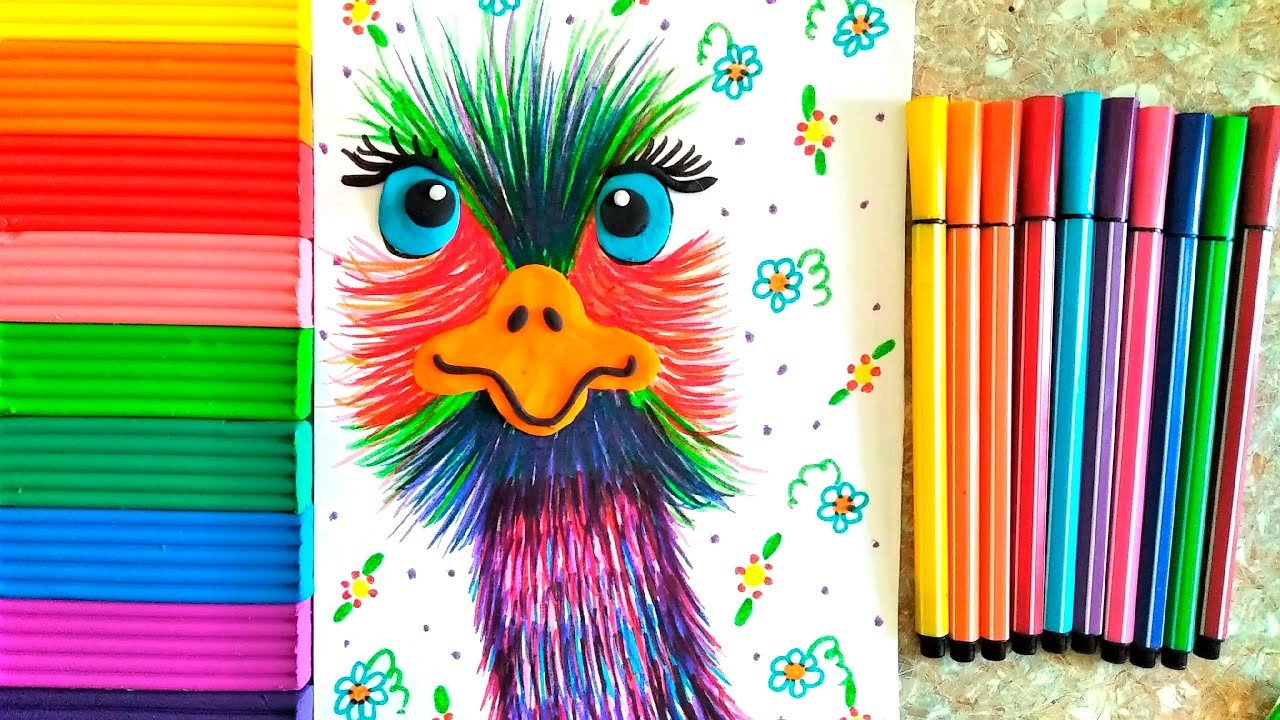 Рисование цветными карандашами страус