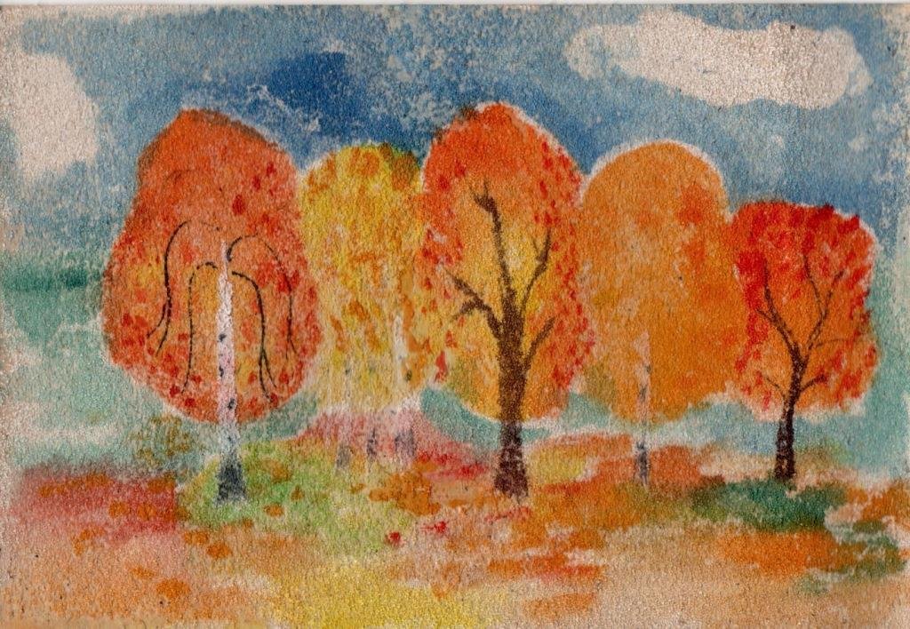 Осенний лес восковыми мелками