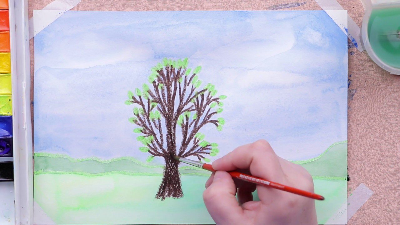 Рисование дерева восковыми мелками