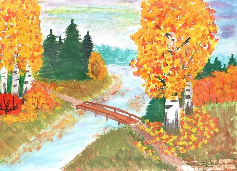 Осенний пейзаж гуашью
