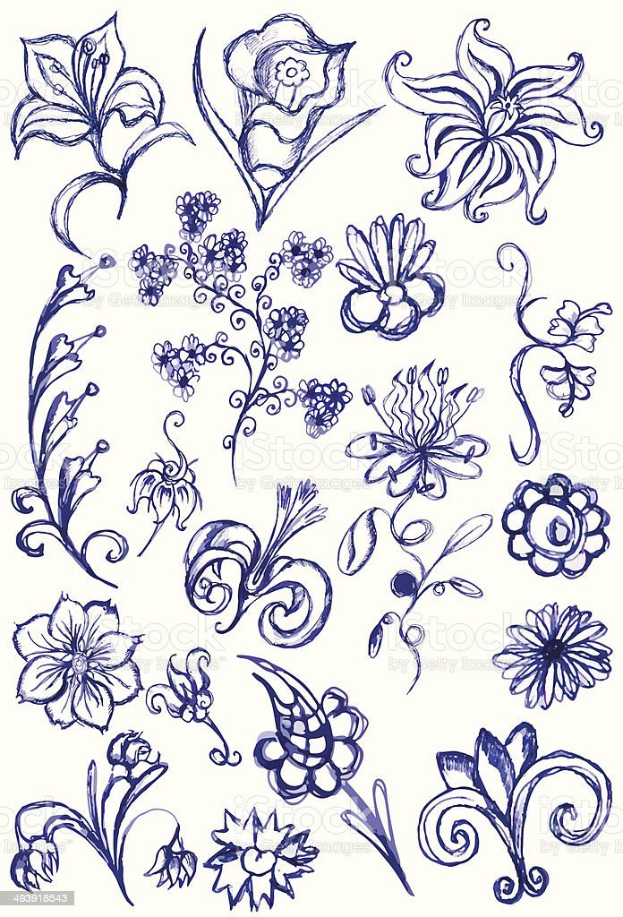 Цветы синей ручкой