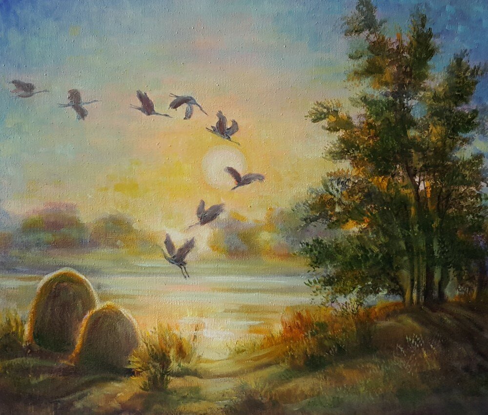 Журавлиный Клин над деревней картины художников