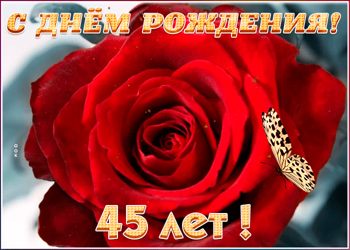 ГИФ открытка День Рождения 45 лет с красной розой для женщины