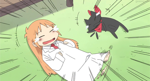 Картинка Аниме смех. Рыжая девочка и чёрный кот.