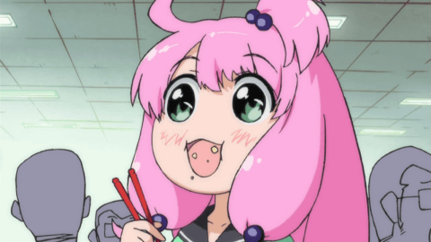 Забавная gif анимация Милая девочка с розовыми волосами кушает.
