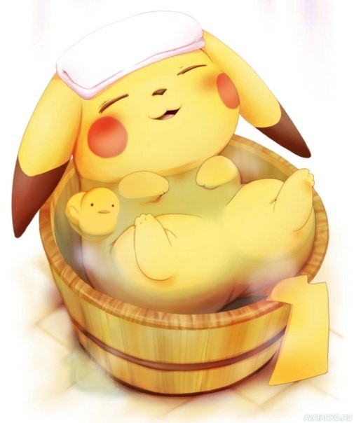 Картинка с расслабляющимся покемоном пикачу, который лежит в деревянном ведре с водой