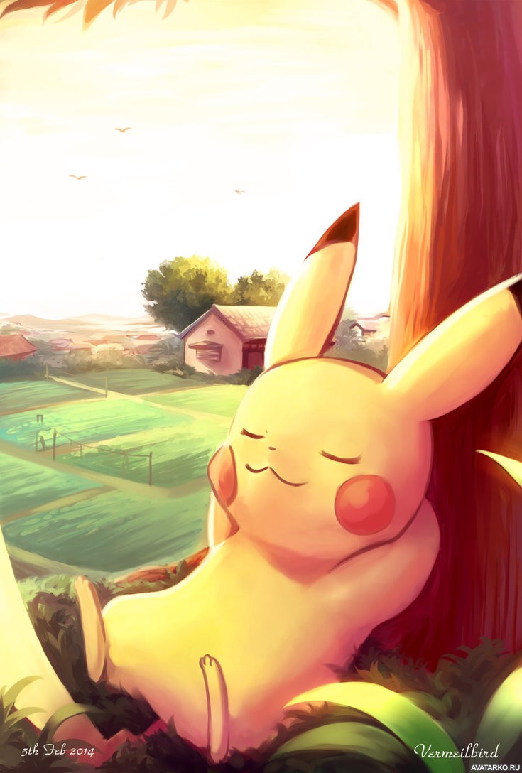 Картинка со спящим на солнце возле дерева покемоном пикачу на Аву.