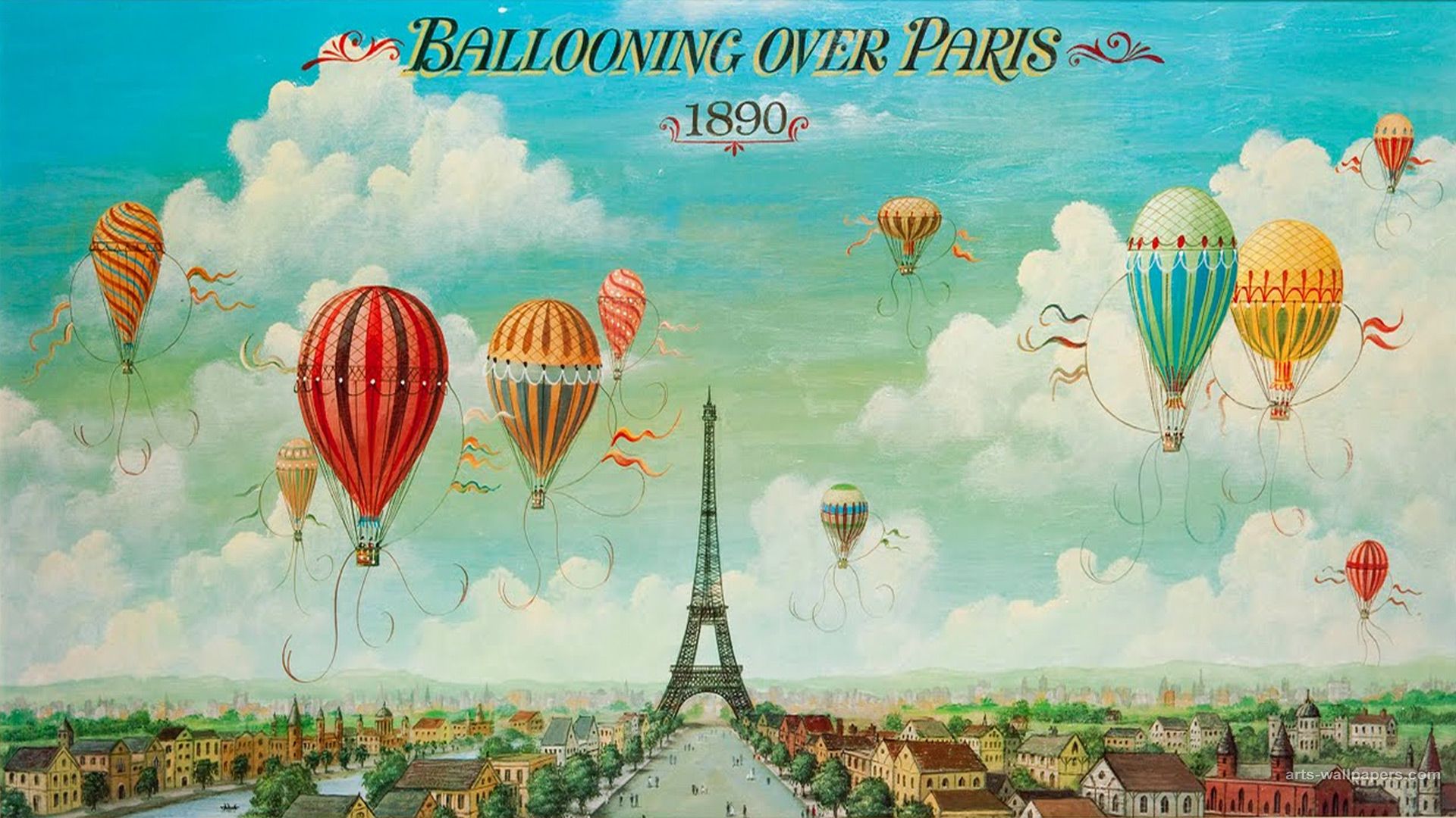 Постер с воздушными шарами, Воздушный шар над Парижем, Стилизованные воздушные шары.