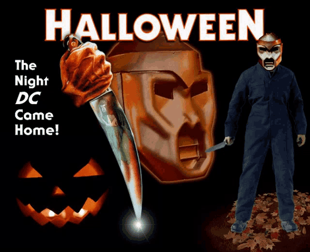 Крутая и страшная гифка на Хэллоуин с маньяком из фильмов ужасов.