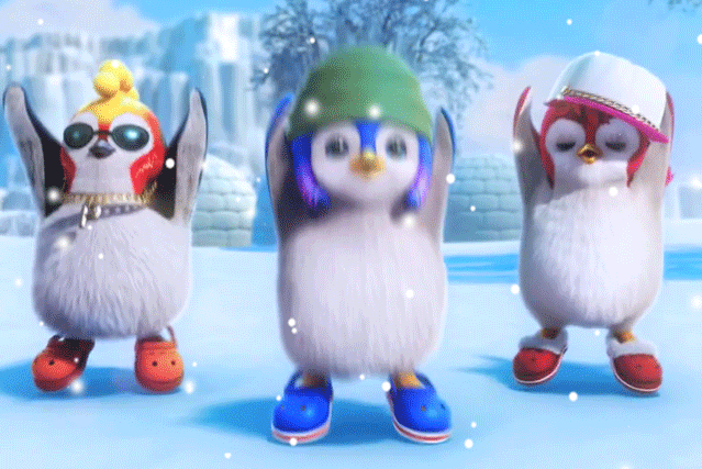 Три очень милых и крутых анимированных пингвина танцуют в снегу