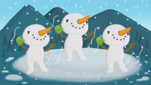Gif картинка Три милых мультяшных снеговика танцуют на холмах под снегом.