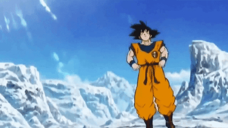 Анимация Гоку из Dragon Ball танцует в заснеженных горах.