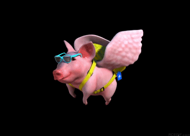Гифка Модная розовая летающая свинья с бирюзовыми очками и желтым рюкзаком.