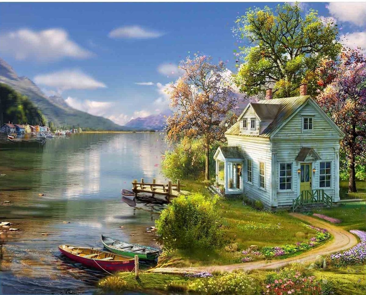 Дом на берегу озера живопись