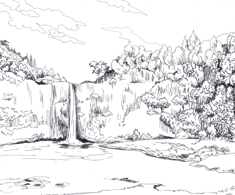 Раскраска пейзаж с водопадом