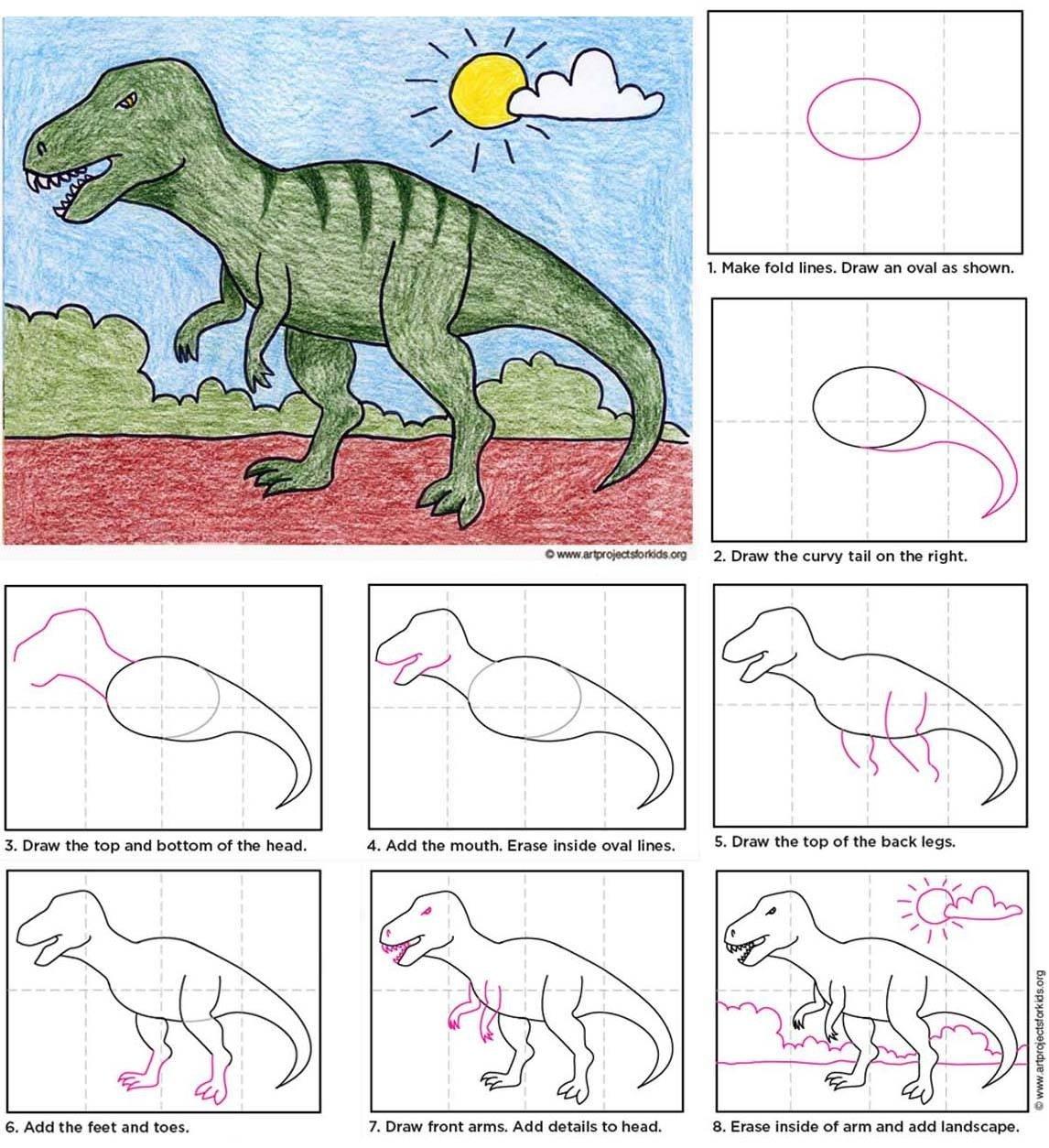 Рисунок динозавра карандашом поэтапно