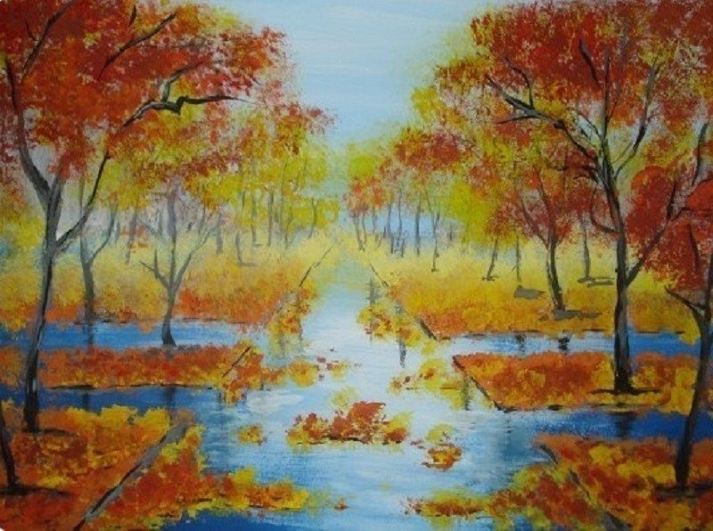 Рисование осеннего пейзажа гуашью