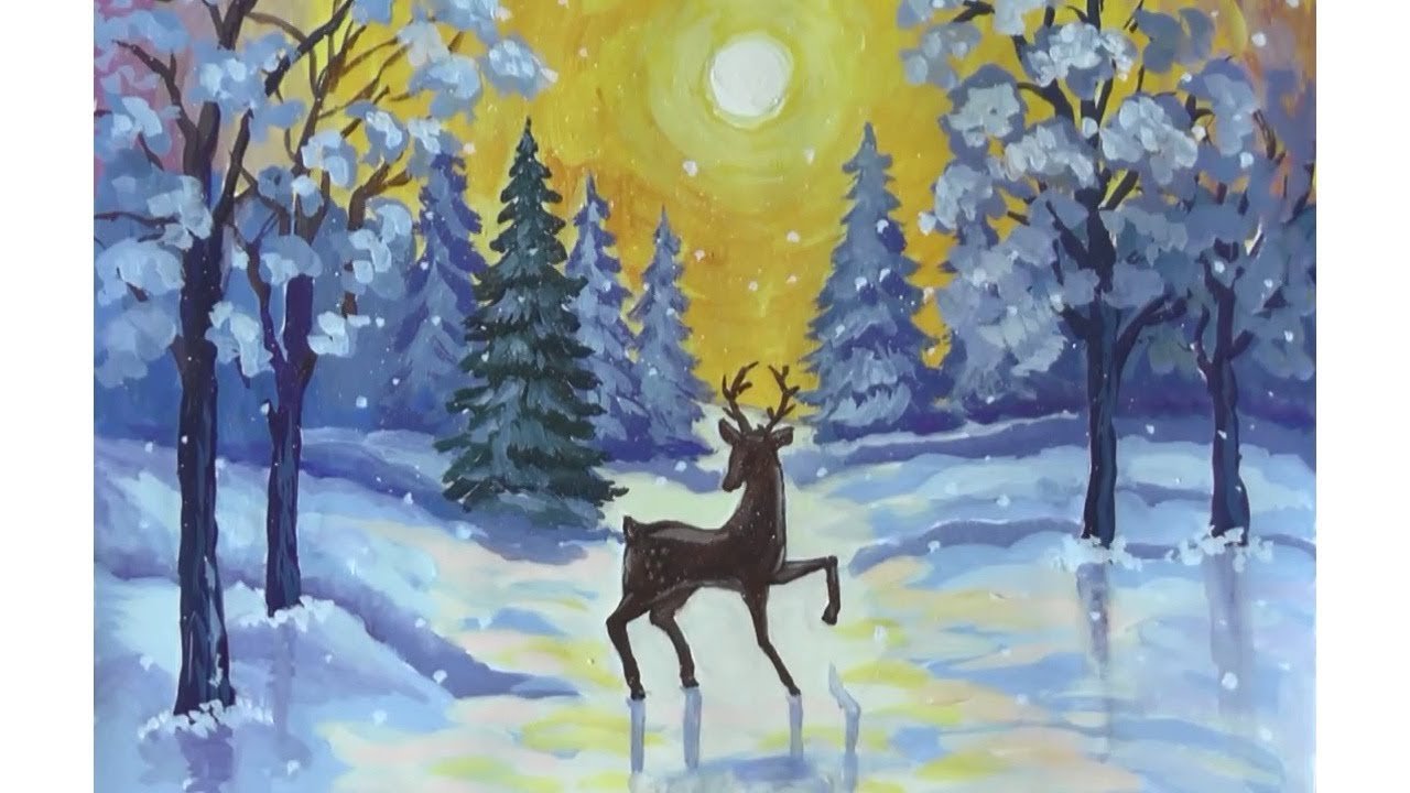 Зимний пейзаж с оленем рисунок