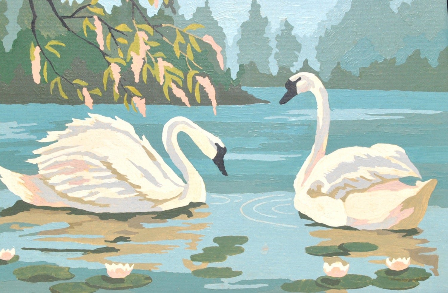 Лебеди рисунок акварелью