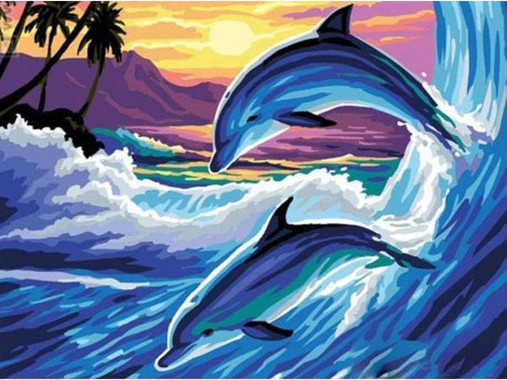 Морской пейзаж с дельфинами