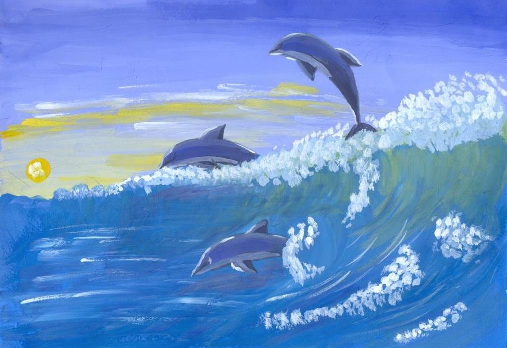 Дельфины гуашью