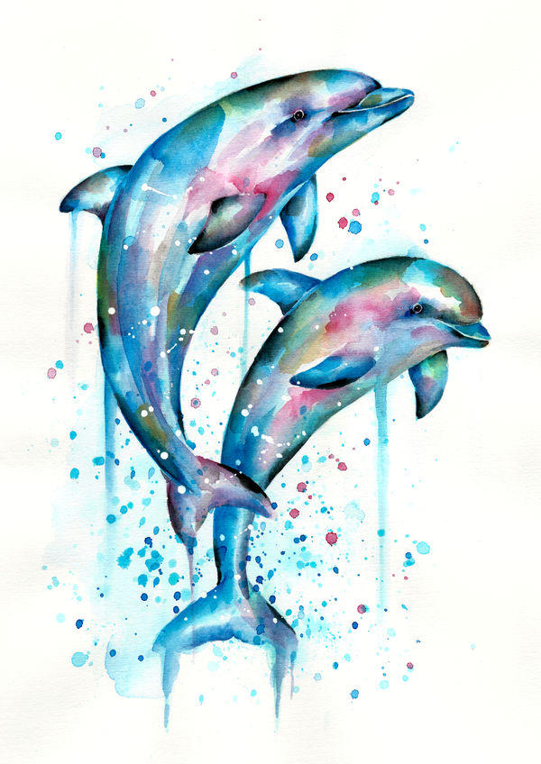 Дельфины пастелью
