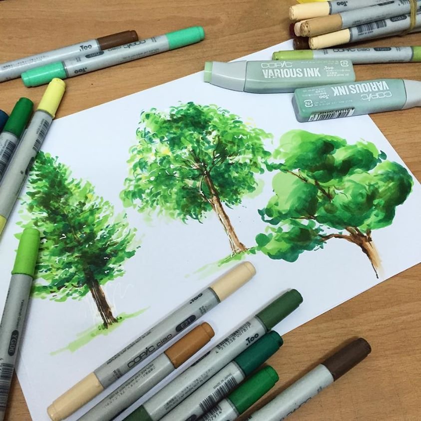 Пейзаж акварельными маркерами