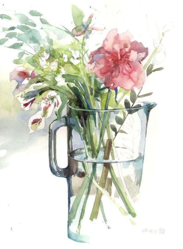 Цветы в вазе акварелью