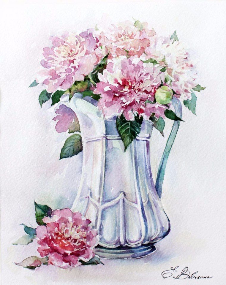 Цветы в стеклянной вазе акварелью
