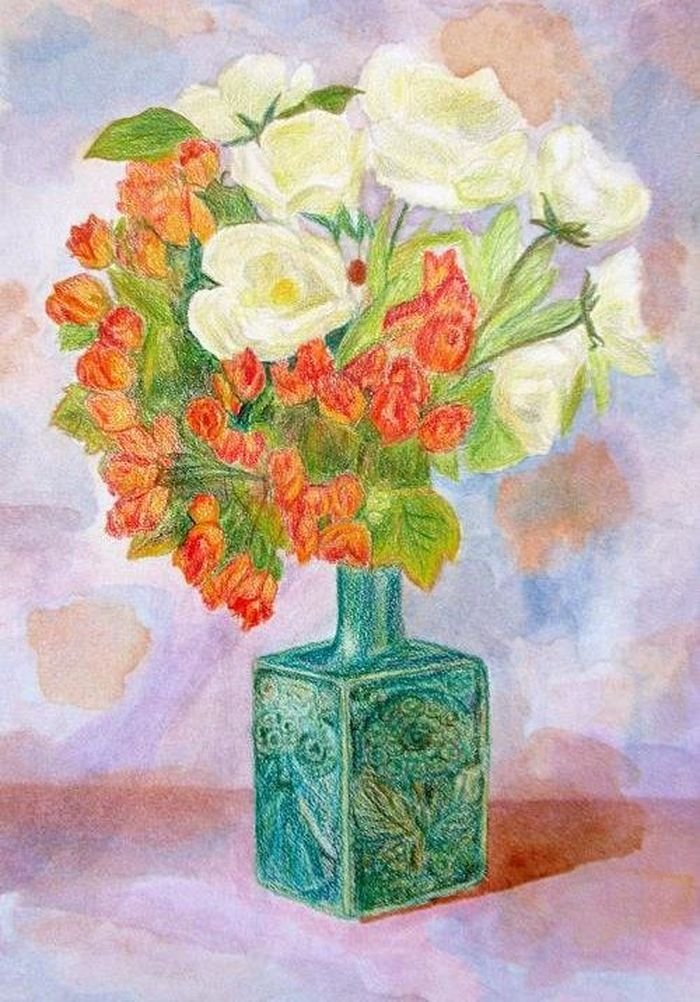 Стеклянные вазы с цветами акварелью