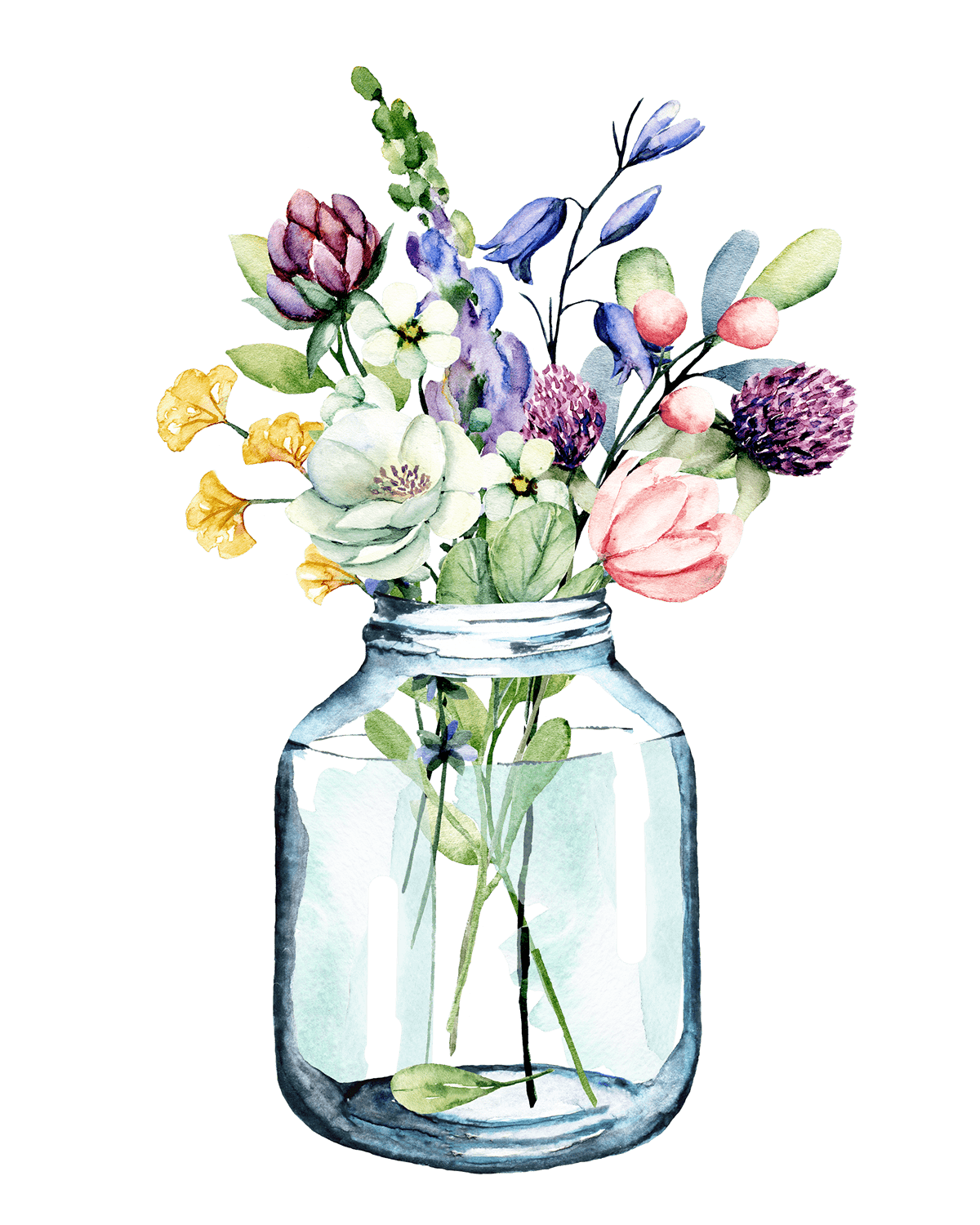 Стеклянная ваза с цветами акварелью