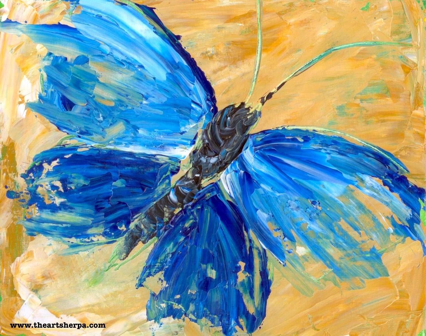 Синяя бабочка акриловыми красками
