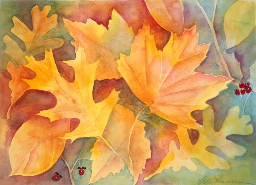 Листья осенние акварелью лессировкой