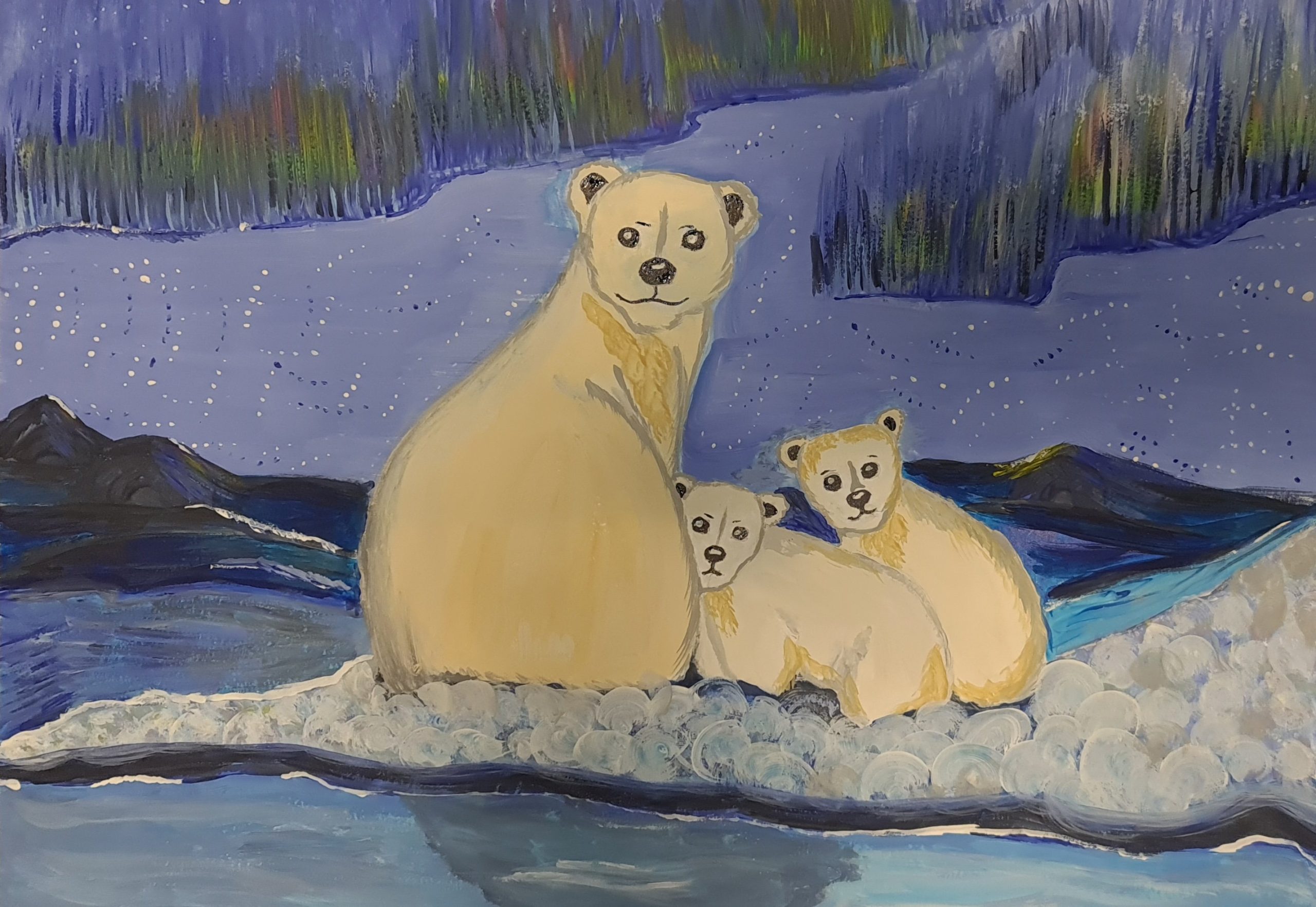 Белые медведи и Северное сияние акварелью