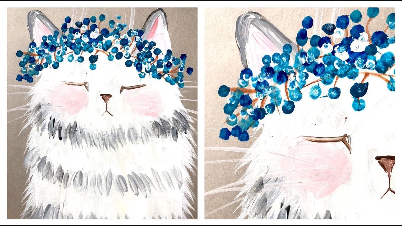Рисунок гуашью на холсте белый кот