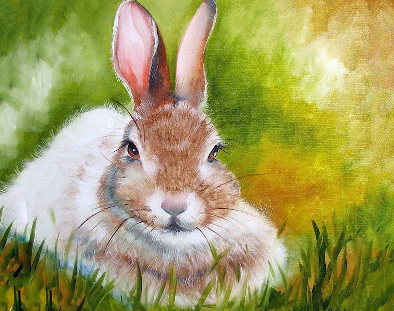 Кролик в траве в живописи