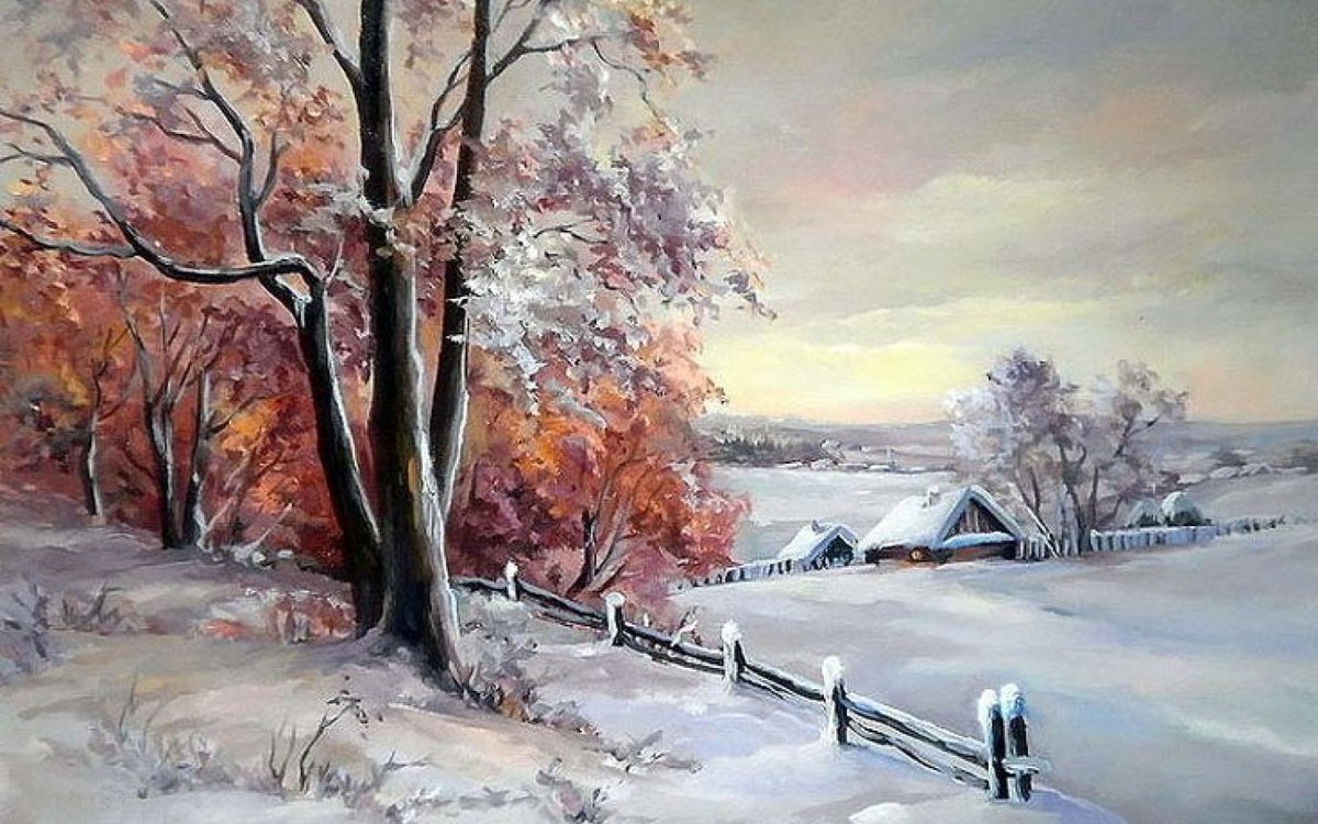 Пейзаж русской зимы красками