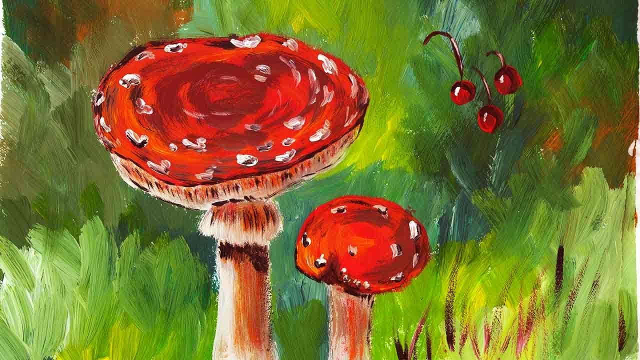 Рисование гуашью грибы