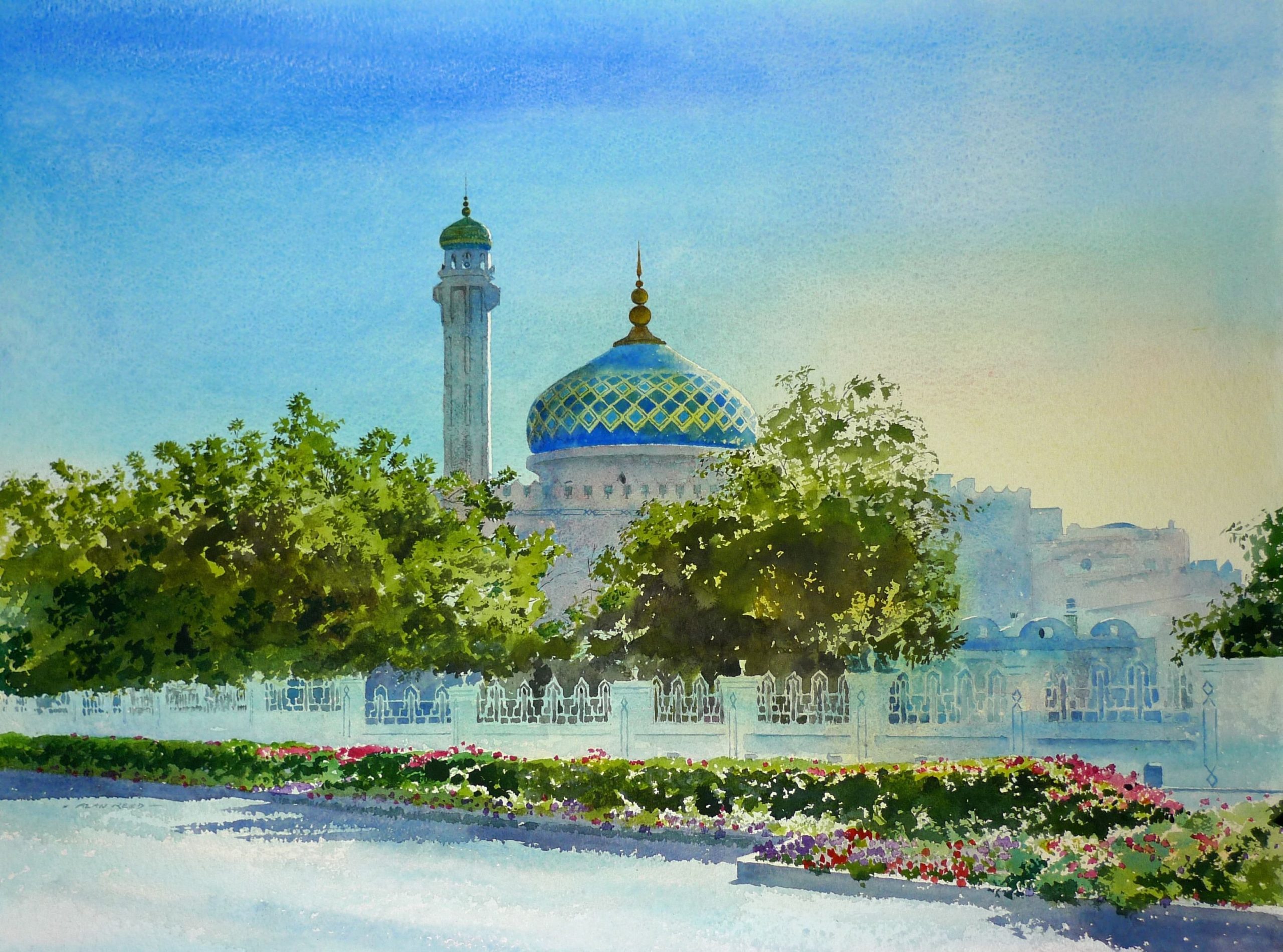 Пейзаж акварелью мечеть