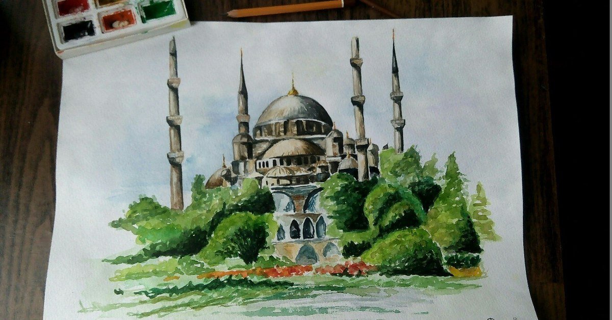 Рисунки мечети акварелью
