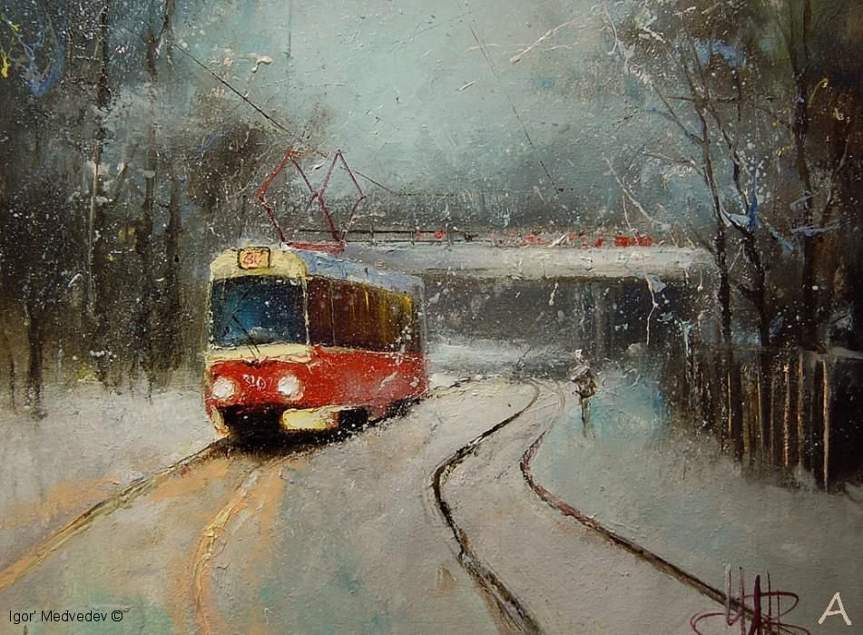 Зимний трамвайчик художник Петров Владимир