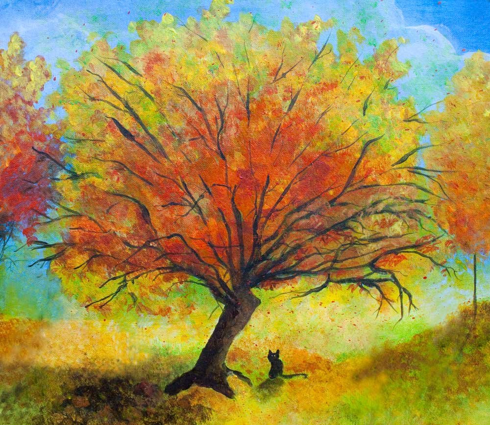 Осеннее дерево акварелью