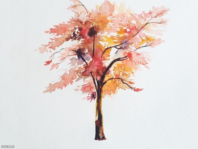 Деревья осень акварель