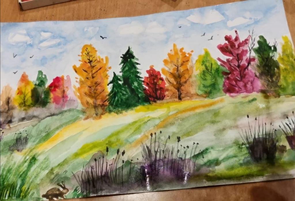 Лес рисунок красками