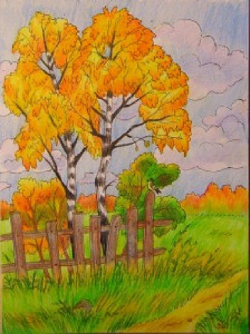 Осень цветными карандашами для детей