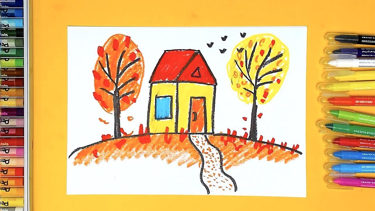 Осень цветными карандашами для детей