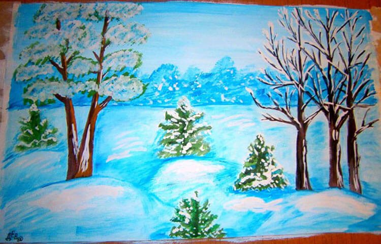 Зимний пейзаж рисование для детей