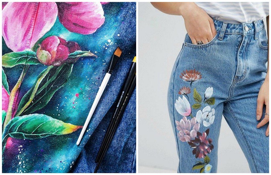 Цветы на джинсах акриловыми красками